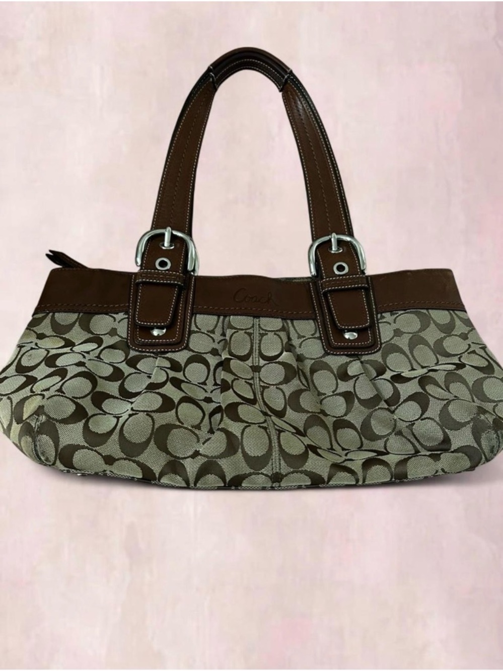 Vintage Authentic Coach Signature Canvas Shoulder Bag in Brown and Tan - Picture 3 of 8